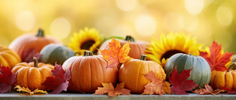 Mixed pumpkins and gourds with autumn leaves and sunflowers arranged on a table against a warm bokeh background