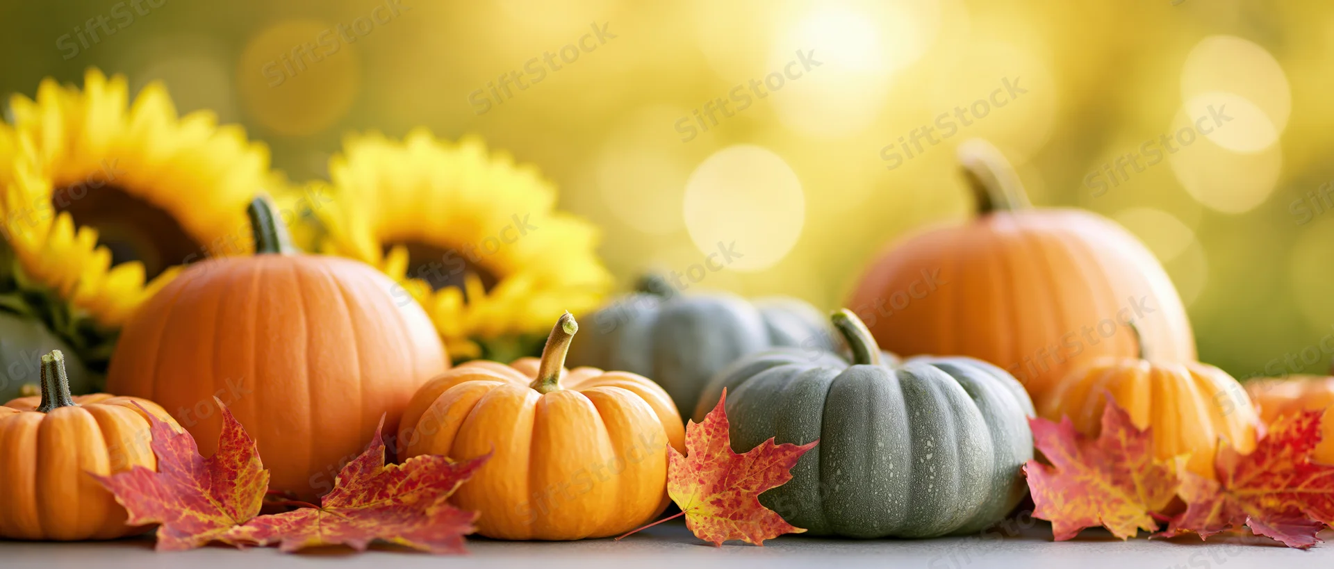 Mixed pumpkins and gourds arranged with sunflowers and maple leaves on a table for autumn harvest display