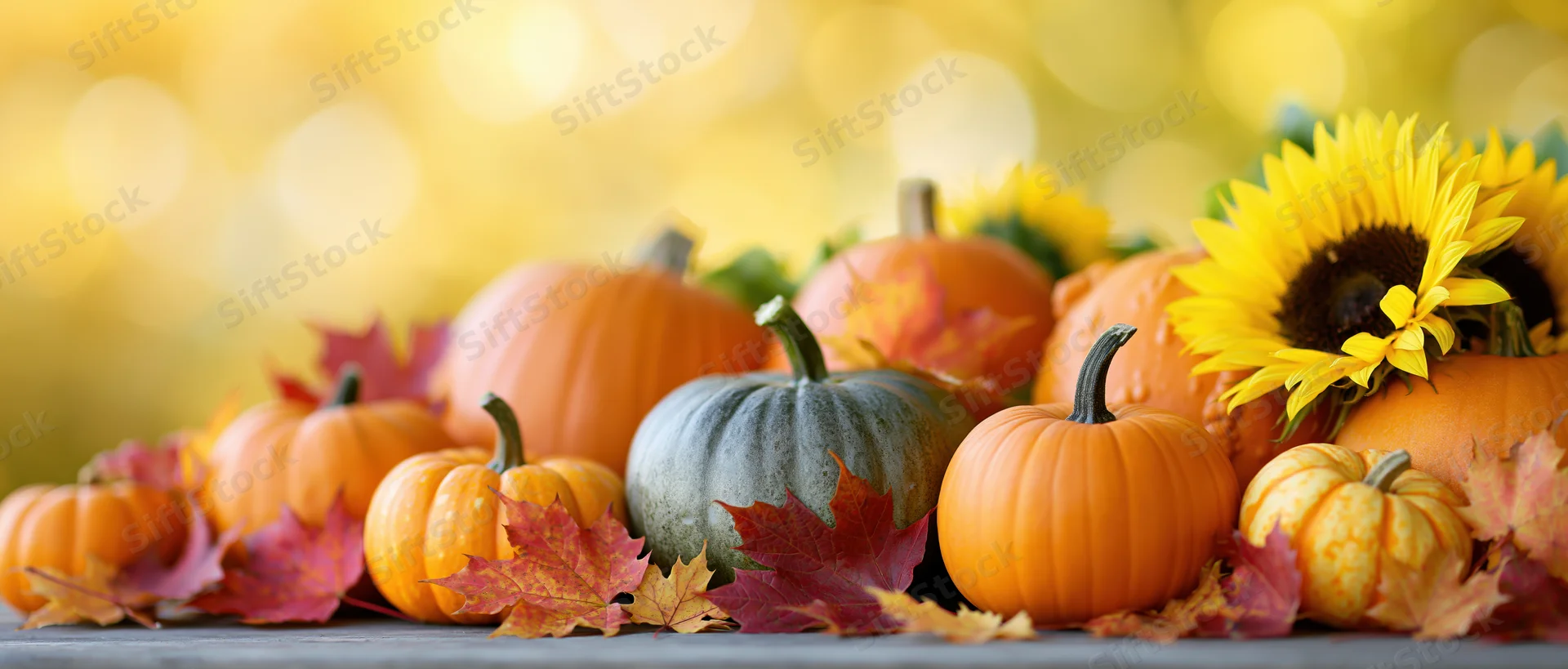 Mixed pumpkins and gourds with sunflowers and autumn leaves arranged on a table against a warm bokeh background