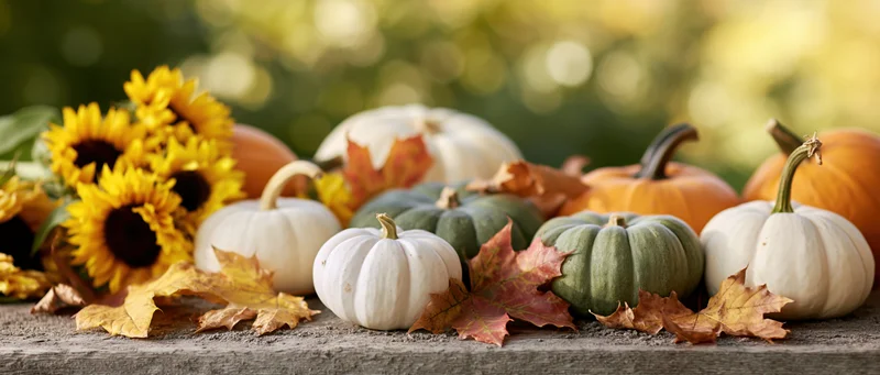 Pumpkins and sunflowers arranged with autumn leaves on a rustic wooden surface