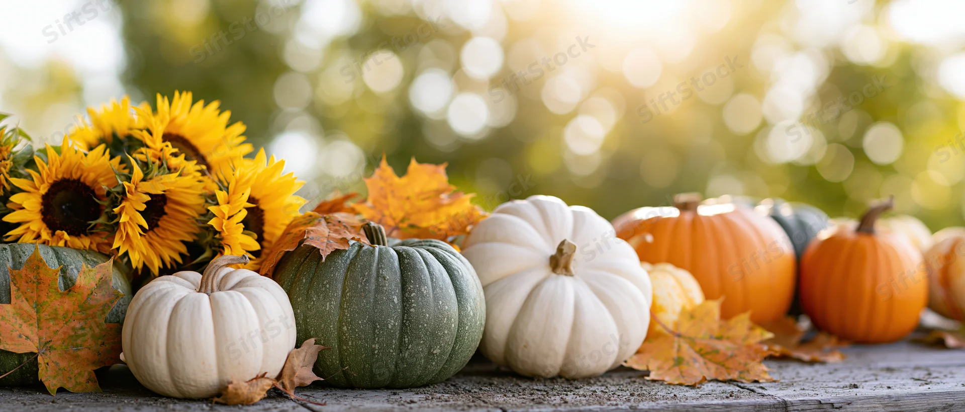Pumpkins and sunflowers arranged on a rustic wooden surface with autumn leaves and warm sunlight