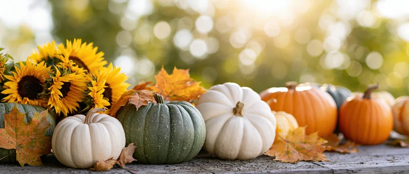 Pumpkins and sunflowers arranged on a rustic wooden surface with autumn leaves and warm sunlight