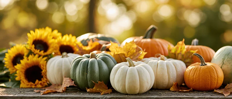 Pumpkins and sunflowers arranged on a rustic wooden surface with autumn leaves and warm sunlight