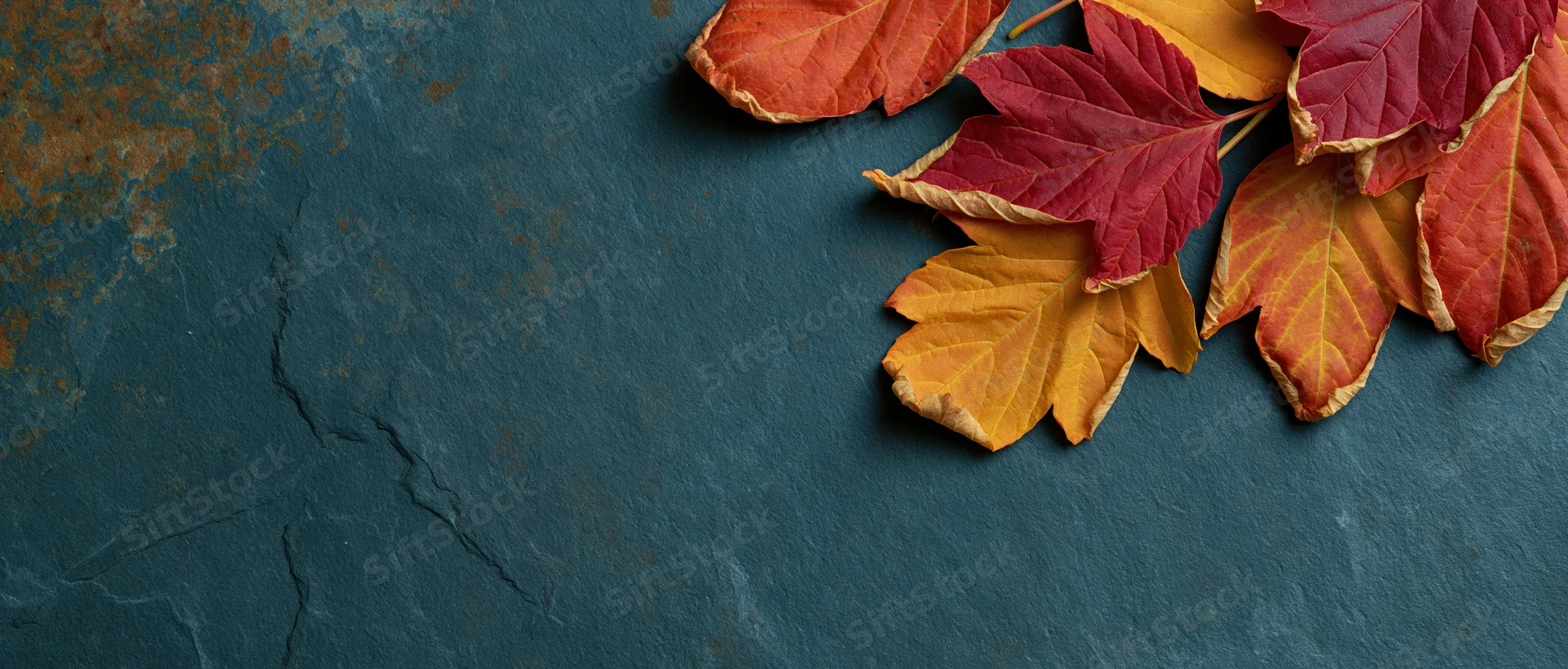 Dried autumn maple leaves arranged on a dark textured stone surface with copyspace on the left