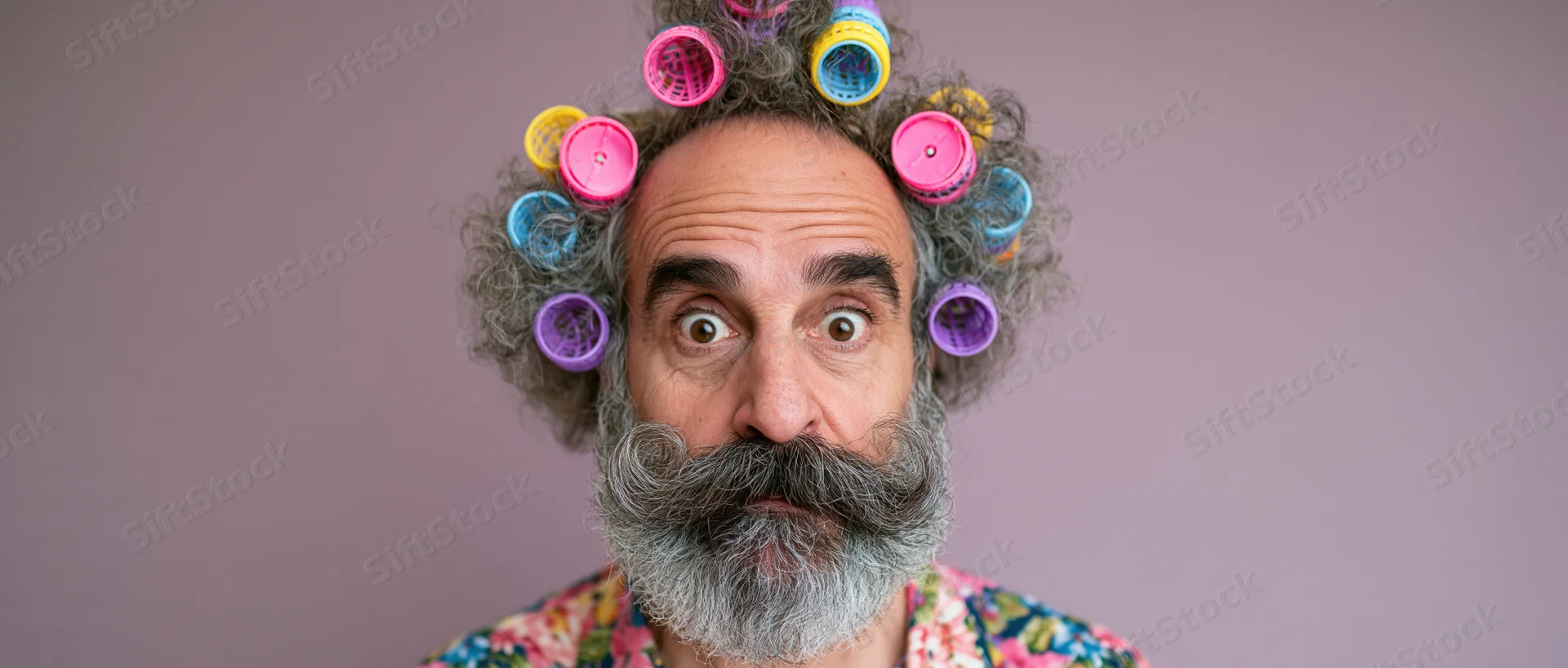 Bearded man with colorful hair rollers on his head, surprised expression, studio portrait