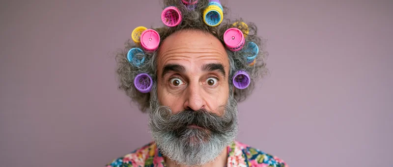 Bearded man with colorful hair rollers on his head, surprised expression, studio portrait