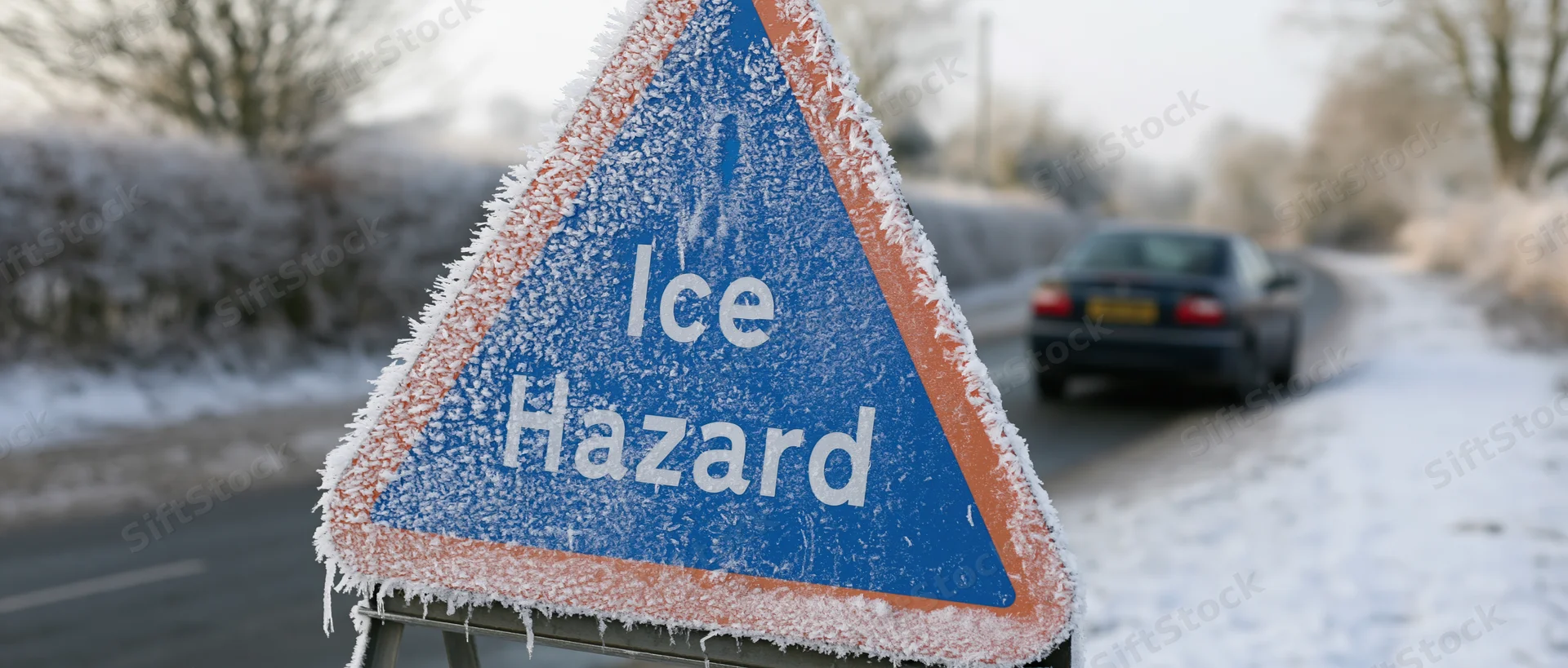 Frost-covered ice hazard warning sign on a snowy rural road with a car in the background