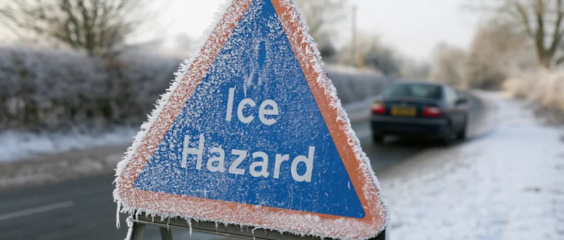 Frost-covered ice hazard warning sign on a snowy rural road with a car in the background