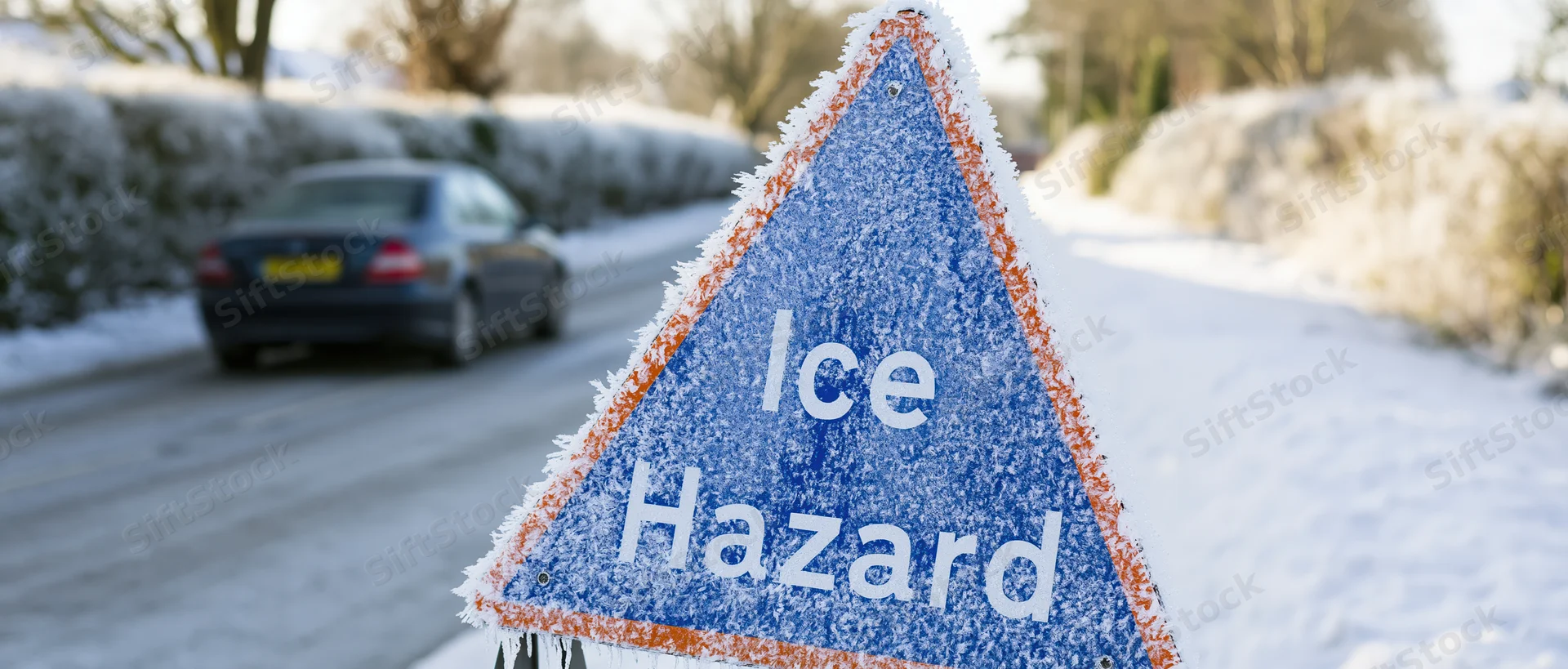 Frost-covered ice hazard warning sign on snowy road with car passing by