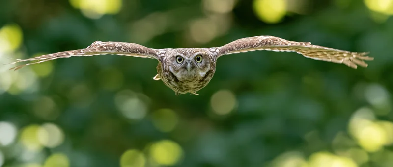 Burrowing owl in mid-flight with wings fully spread facing forward over green foliage