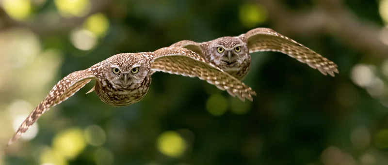 Two burrowing owls in mid-flight with wings spread facing forward in a forest setting