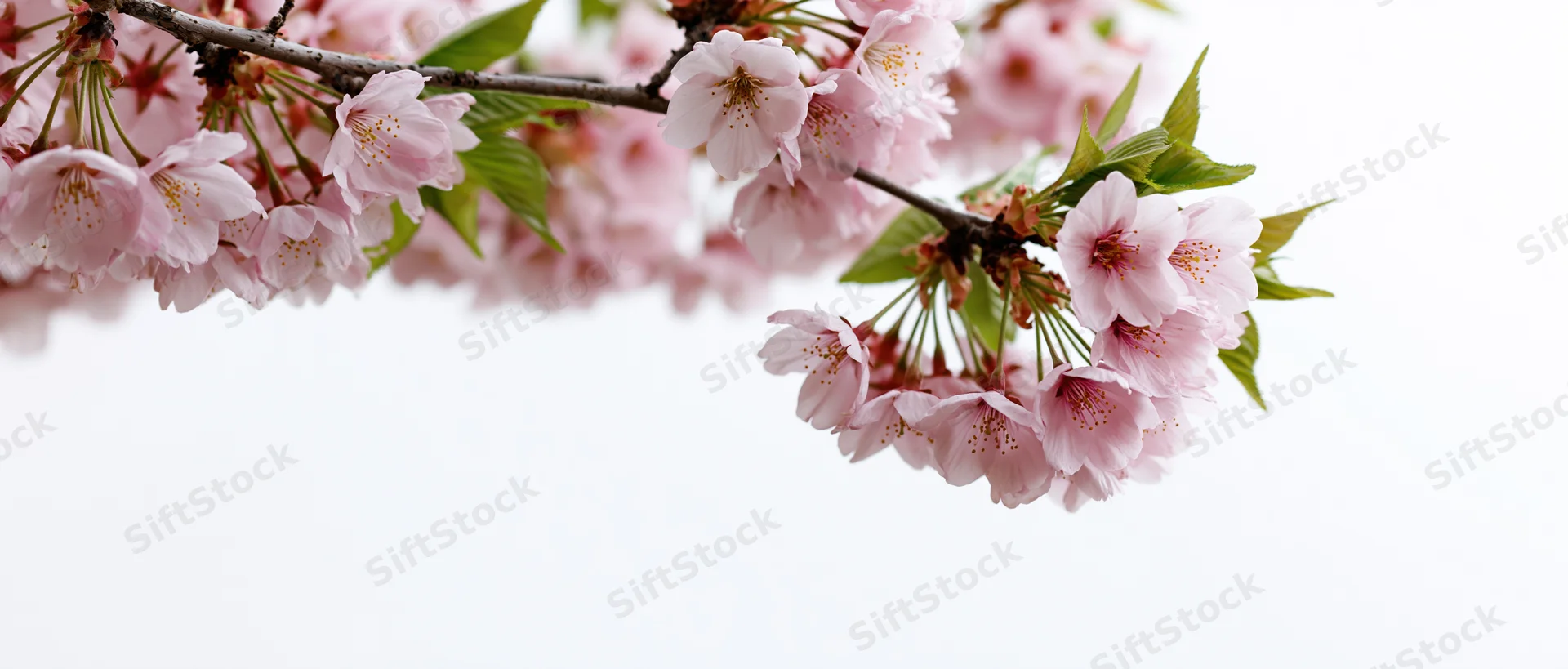 Cherry blossom branches with soft pink flowers hanging against a white background