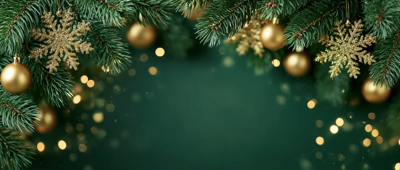 Christmas pine branches with golden ornaments and snowflakes framing a dark green background with bokeh lights and copyspace