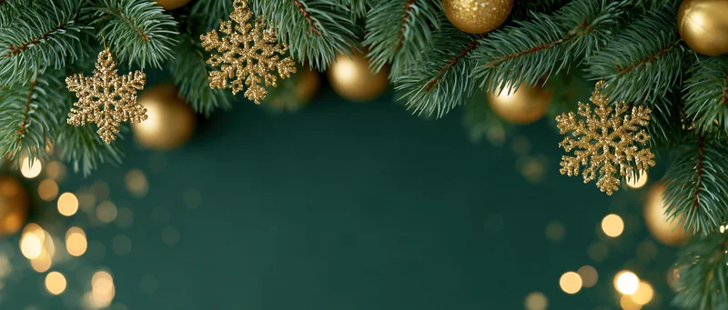 Christmas pine branches with golden ornaments and snowflakes framing the top of the image against a dark green background with bokeh lights and copyspace below