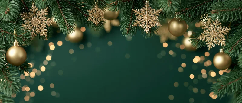 Christmas pine branches with gold ornaments and snowflakes framing a dark green background with bokeh lights and copyspace