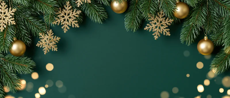 Christmas pine branches with gold ornaments and snowflakes framing a dark green background with bokeh lights and copyspace