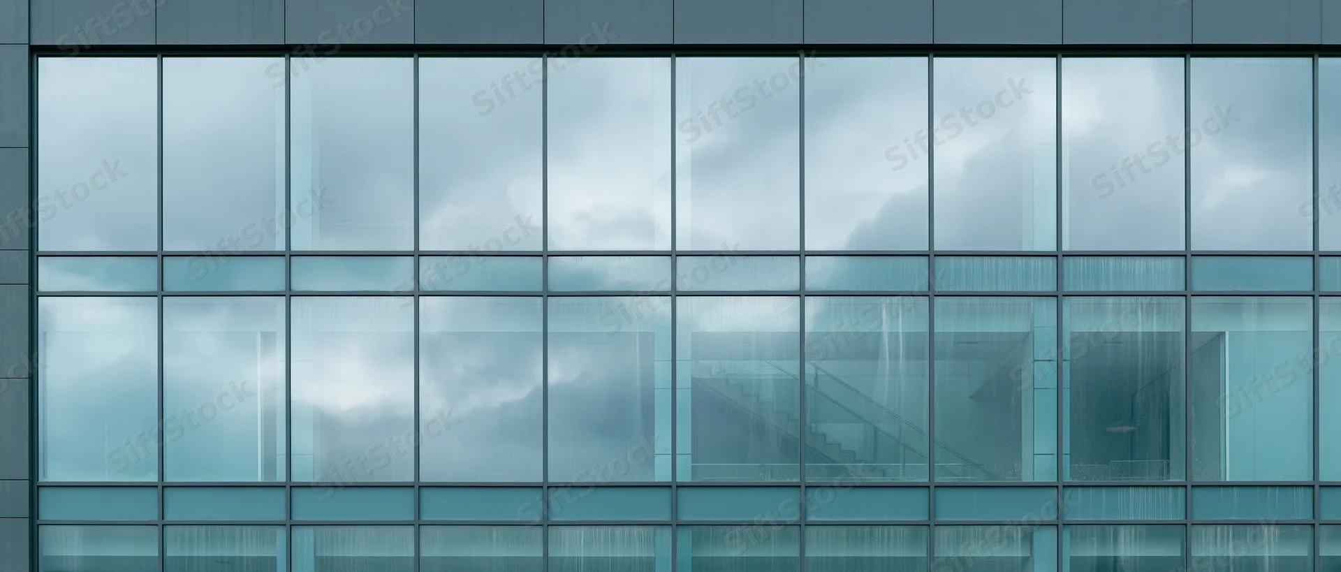 Close-up of a modern office building facade with glass curtain wall reflecting cloudy sky