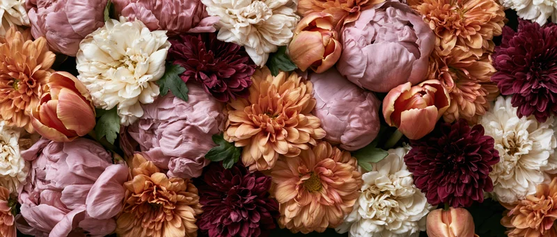 Dense mixed flower arrangement of peonies, dahlias and tulips in soft pastel shades filling the frame