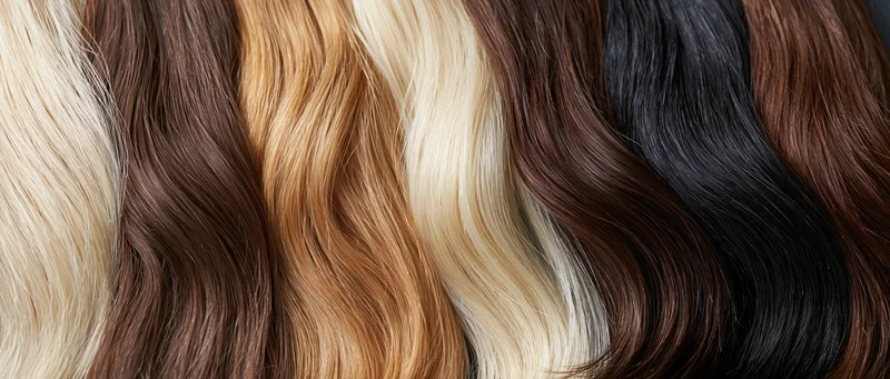 Close-up flat lay of multiple hair color swatches arranged side by side showing various shades and tones