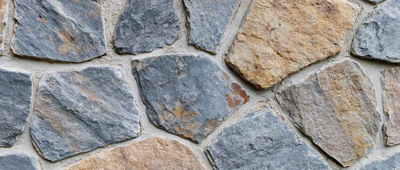 Close-up of irregular dry-stack stone wall with natural stones and mortar joints