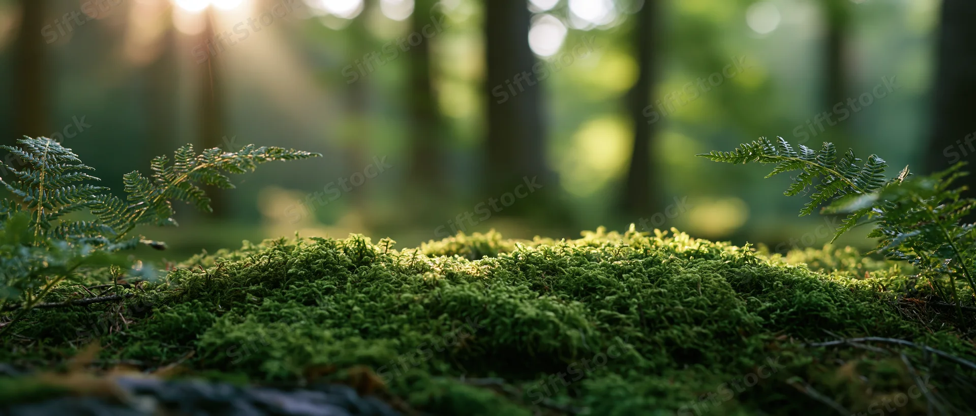 Moss-covered forest floor with ferns and dappled sunlight filtering through trees
