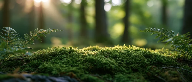 Moss-covered forest floor with ferns and dappled sunlight filtering through trees