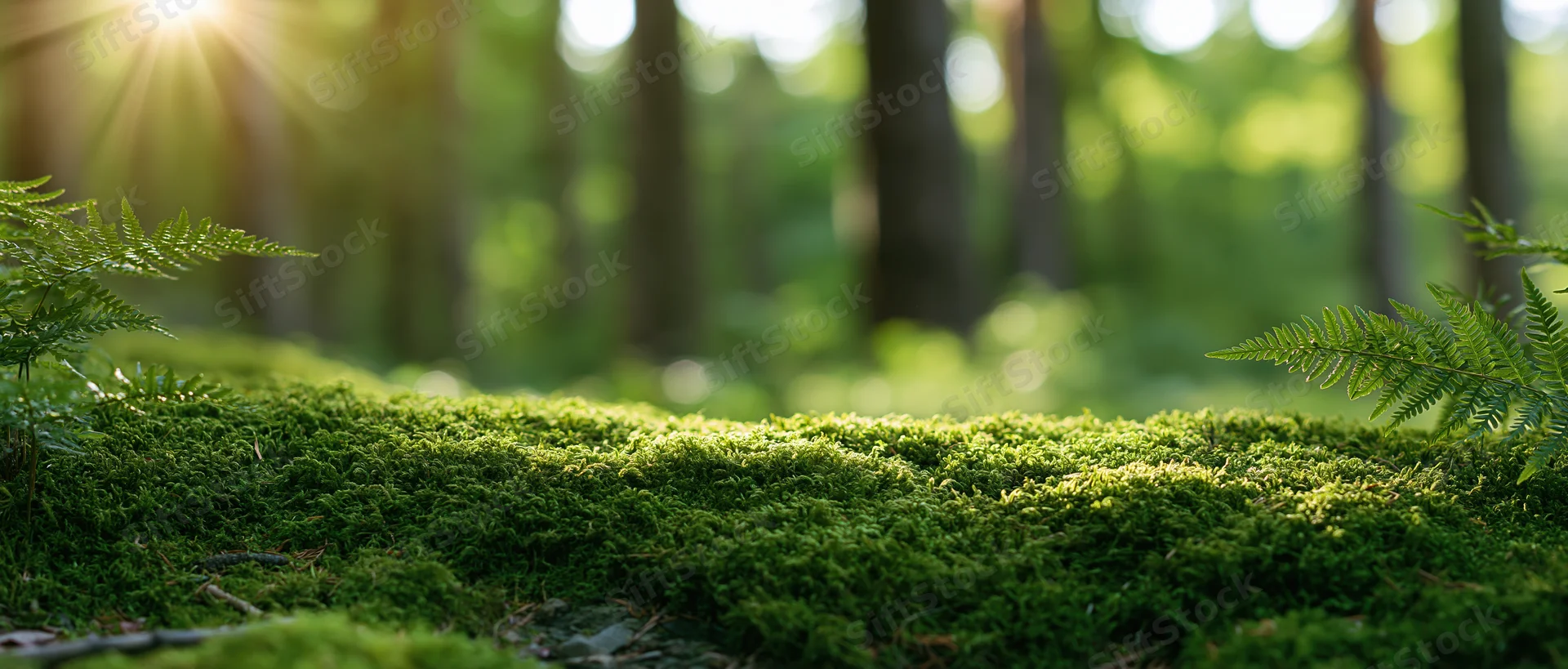 Moss-covered forest floor with ferns and dappled sunlight filtering through trees