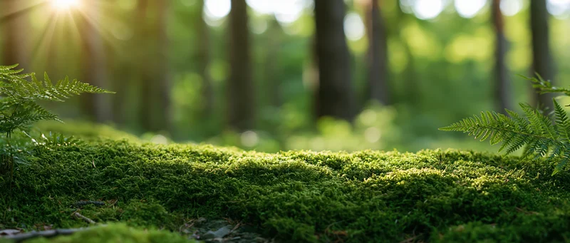 Moss-covered forest floor with ferns and dappled sunlight filtering through trees