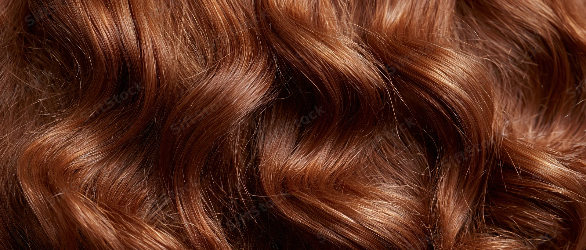 Close-up of glossy auburn wavy hair filling the frame