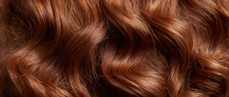 Close-up of glossy auburn wavy hair filling the frame
