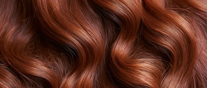 Close-up of glossy auburn wavy hair filling the frame