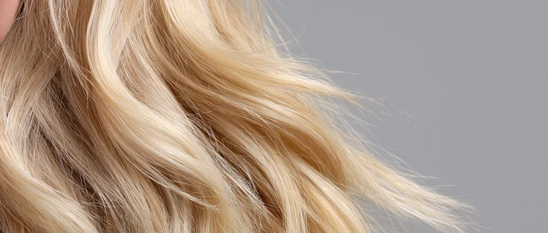 Close-up of loose blonde wavy hair spread across a plain gray background