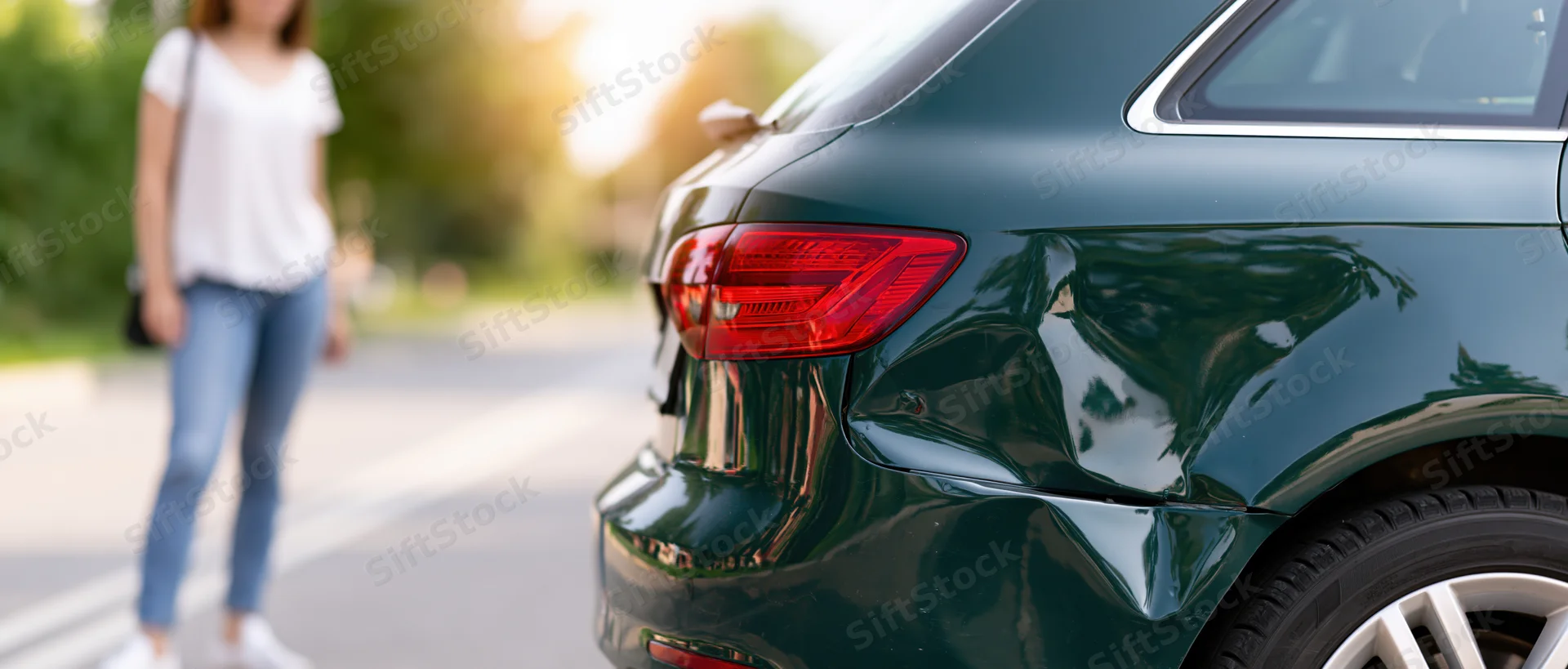 Dark green car with crumpled rear quarter panel on road, woman standing nearby in background