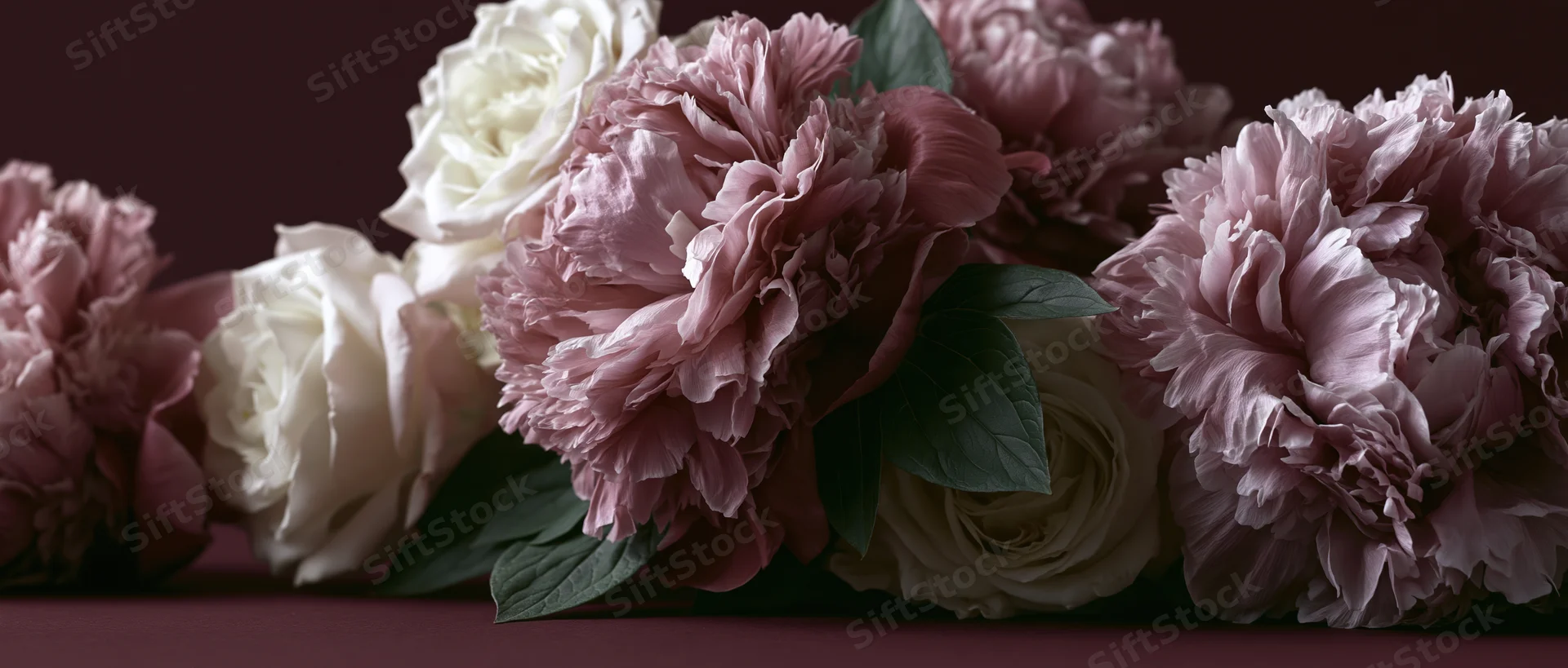 Close-up of dusty pink peony blooms and white roses clustered on a dark surface