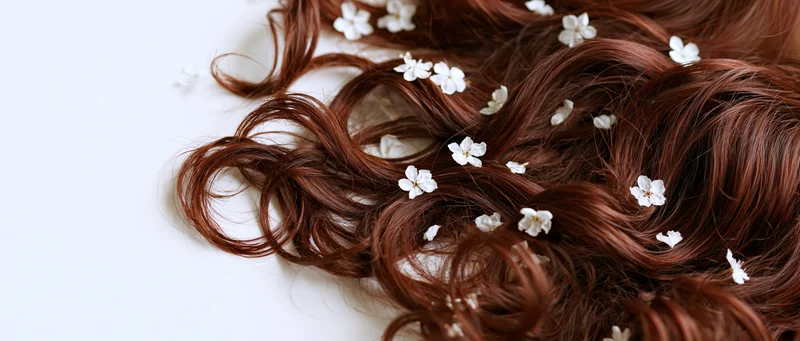 Loose chestnut brown curly hair with white blossoms scattered across it on a white surface
