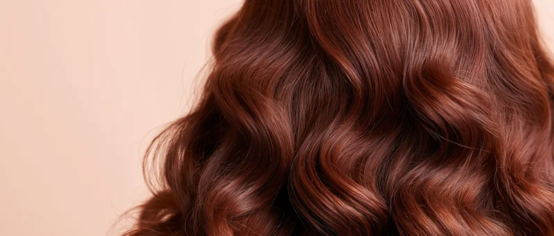 Close-up of rich auburn-brown wavy hair against a neutral background