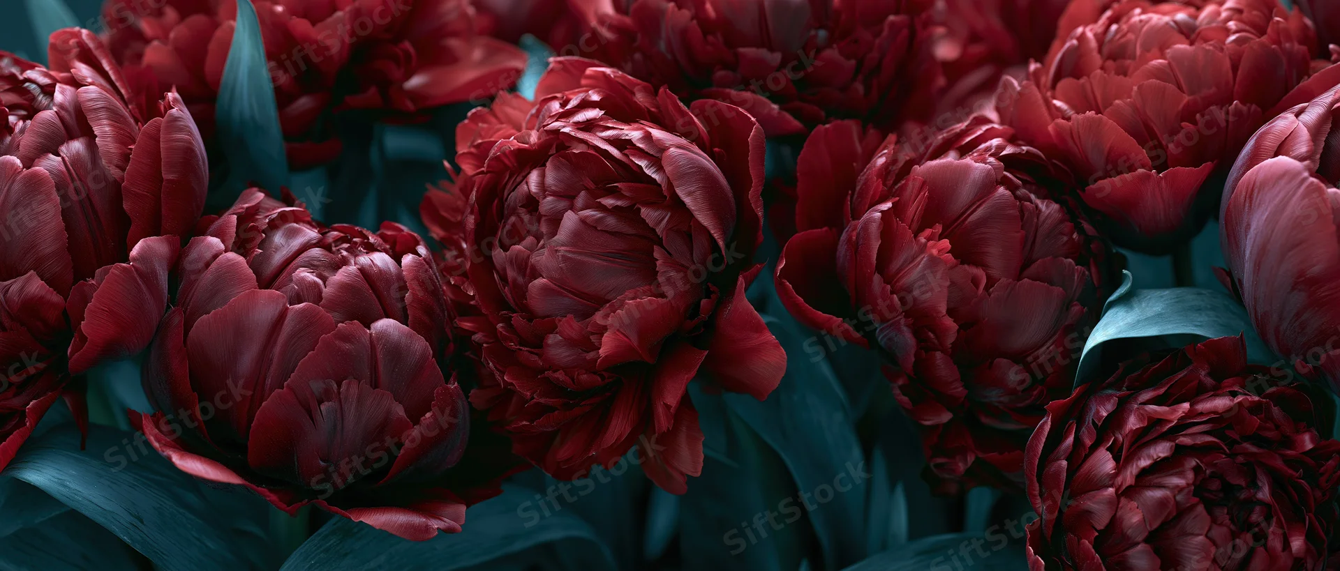Close-up overhead view of red double peony tulips in full bloom with dark teal leaves