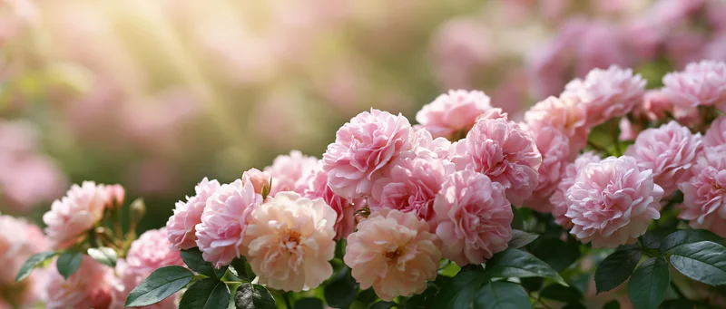 Cluster of blooming pink roses with green leaves in a garden setting