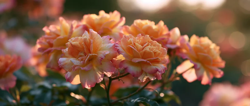 Cluster of orange and yellow roses with pink-edged petals blooming in a garden at soft sunlight