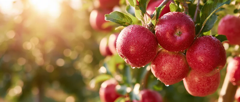 Ripe red apples with water droplets hanging on a tree branch in an orchard at sunrise