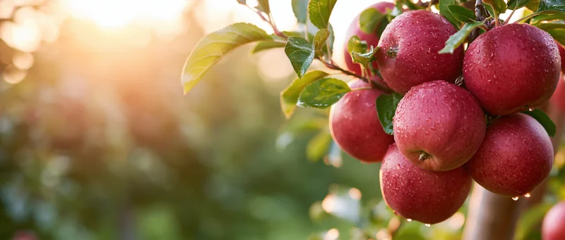 Cluster of ripe red apples with water droplets on a tree branch in an orchard at golden hour