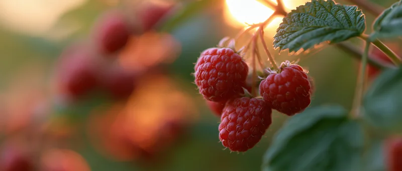 Cluster of ripe red raspberries on a cane with green leaves in warm sunlight