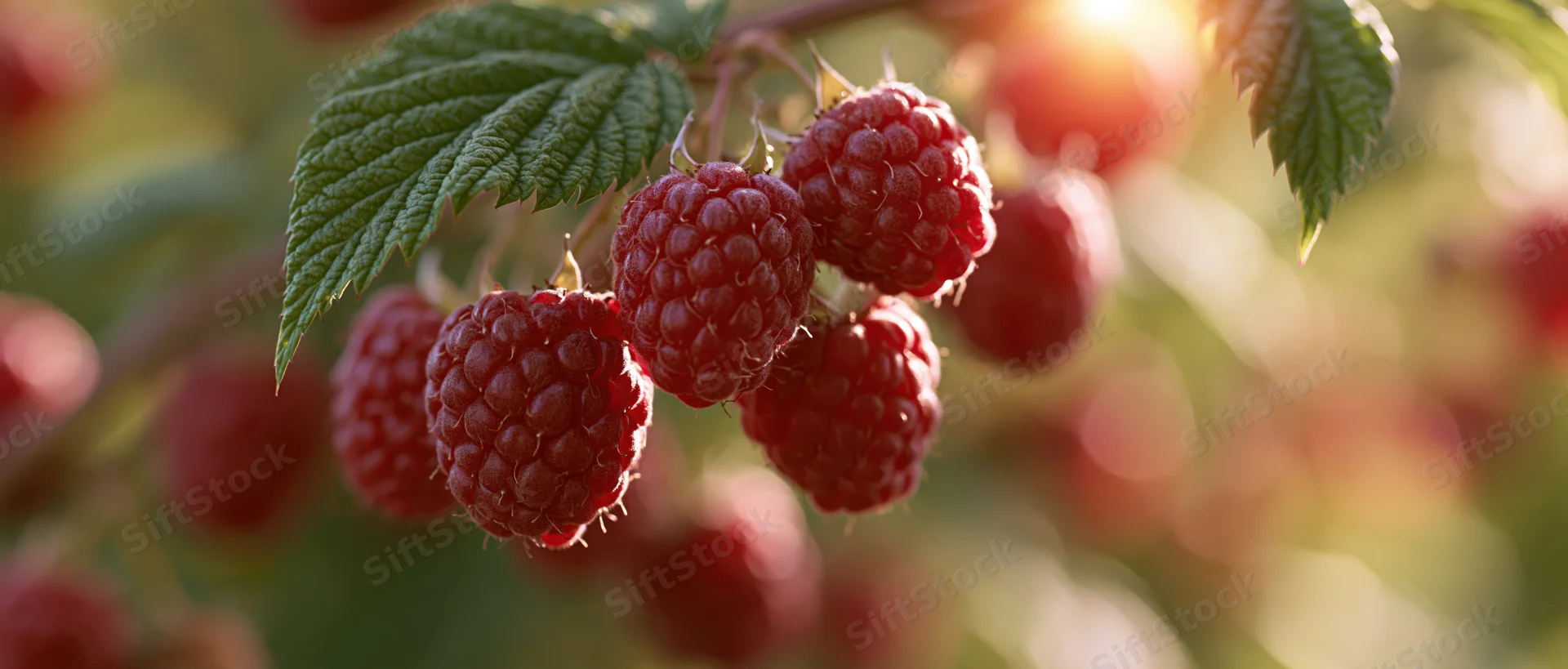 Ripe red raspberries clustered on a cane with green leaves in sunlight