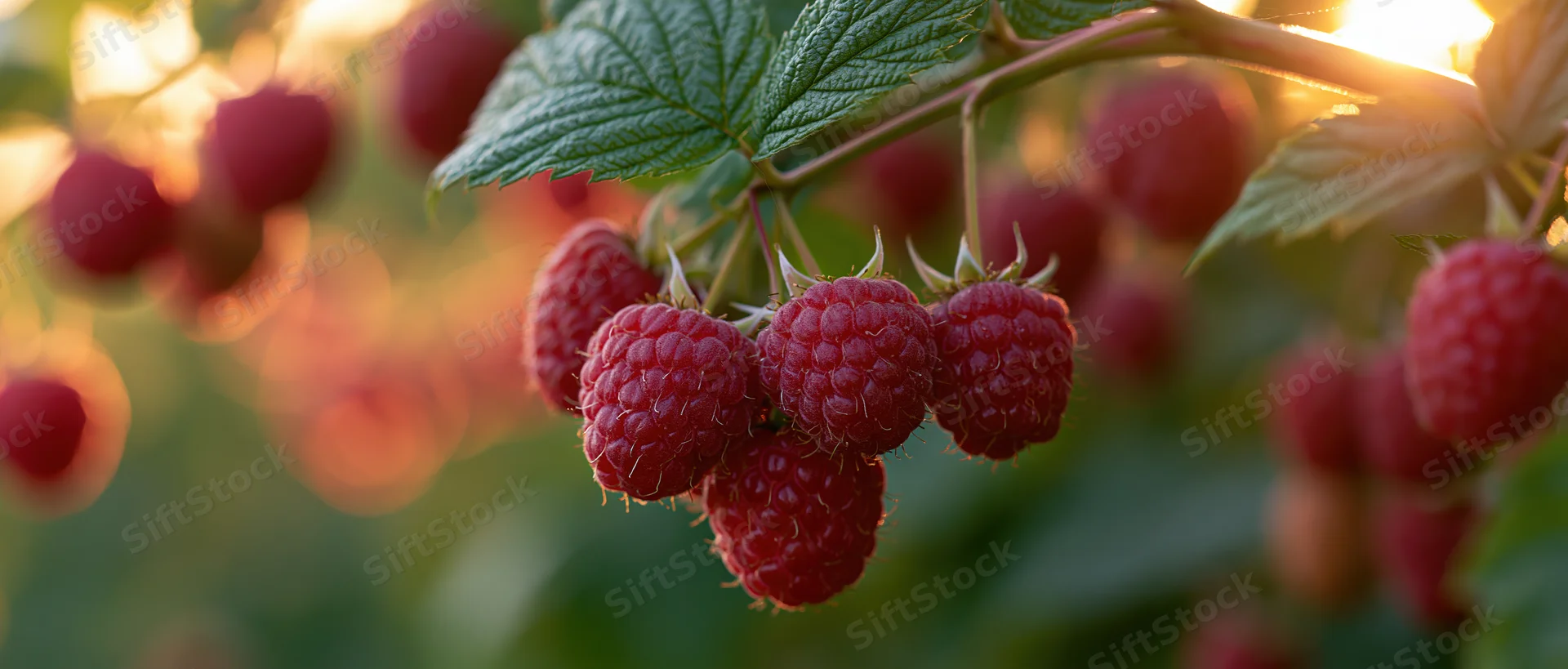 Ripe red raspberries clustered on a cane with green leaves in sunlight