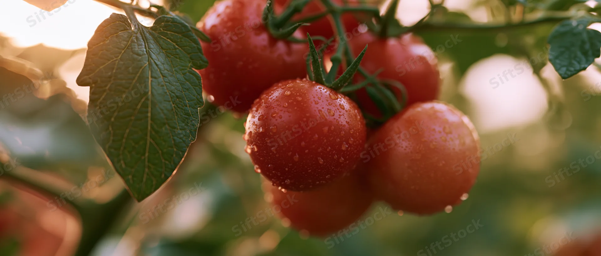 Ripe red tomatoes clustered on a vine with dew drops in a garden setting