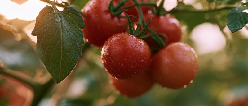 Ripe red tomatoes clustered on a vine with dew drops in a garden setting