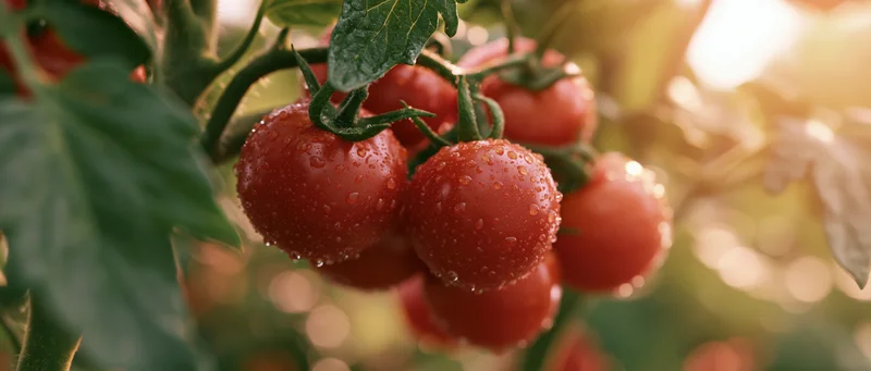 Ripe red tomatoes clustered on a vine with water droplets, surrounded by green leaves in a sunlit garden