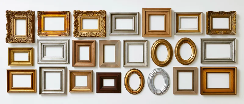 Collection of vintage and antique picture frames arranged on a white wall for display