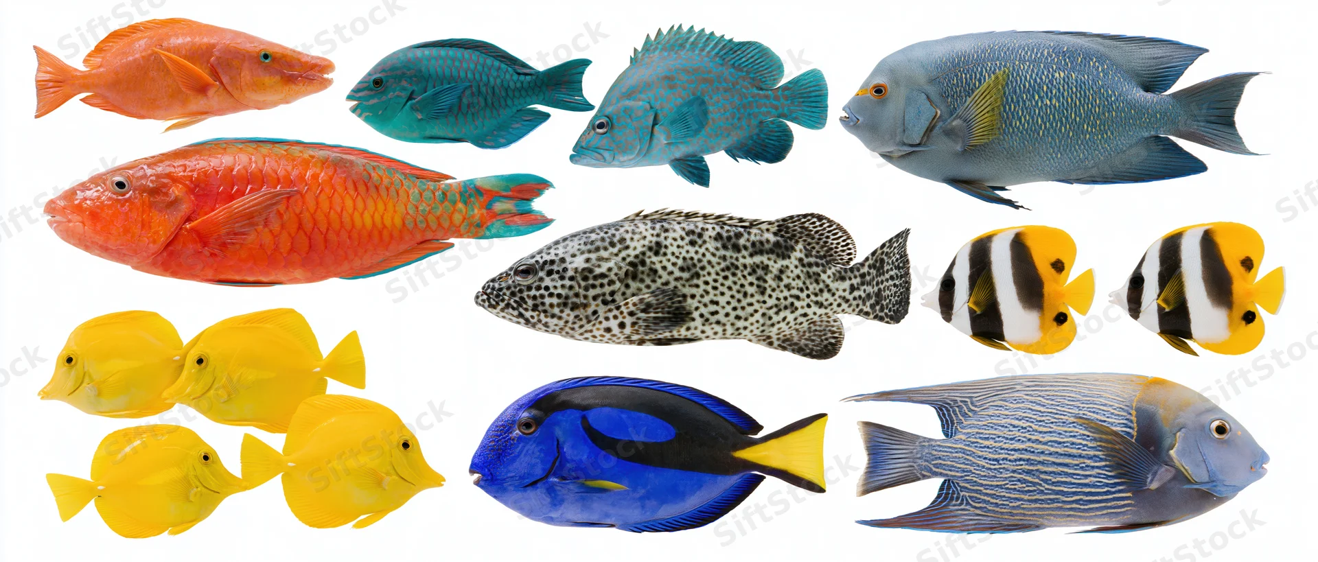 Collection of tropical reef fish specimens arranged on white background