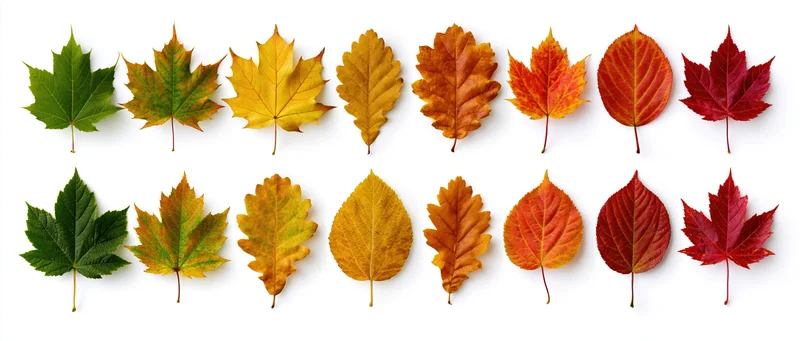 Twenty maple leaves arranged in two rows showing color transition from green to red on white background